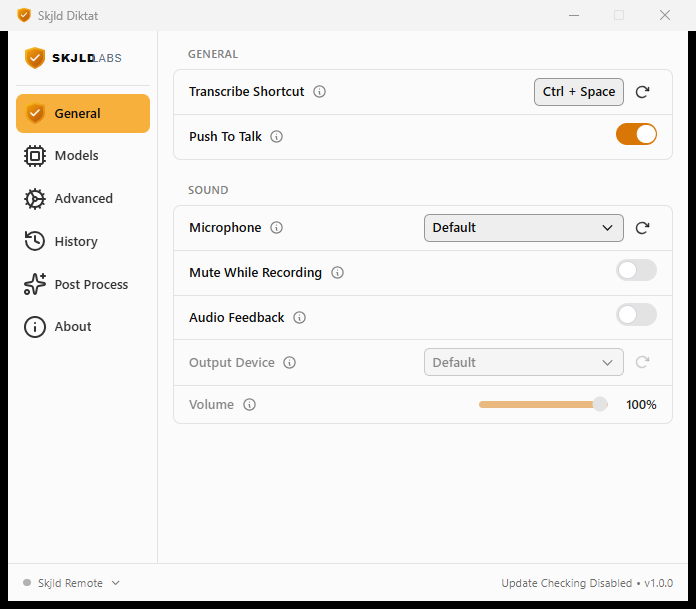 Skjld Diktat-appen — Transcribe Shortcut satt til Ctrl + Space, Push To Talk på