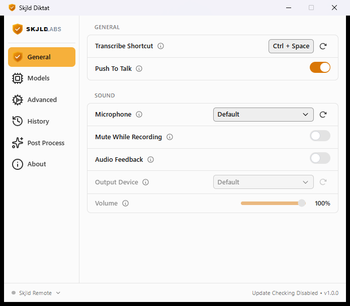 Skjld Diktat — Generelt: Transcribe Shortcut Ctrl + Space, Push To Talk på, mikrofonvalg